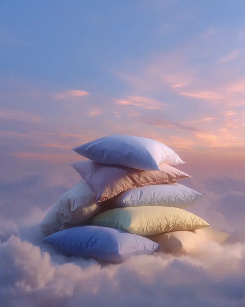 Stack of Soft Colorful Pillows Floating Among Clouds in a Dreamy Sky