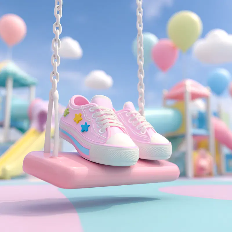 Close-up of pastel pink sneakers on a swing set in playful playground