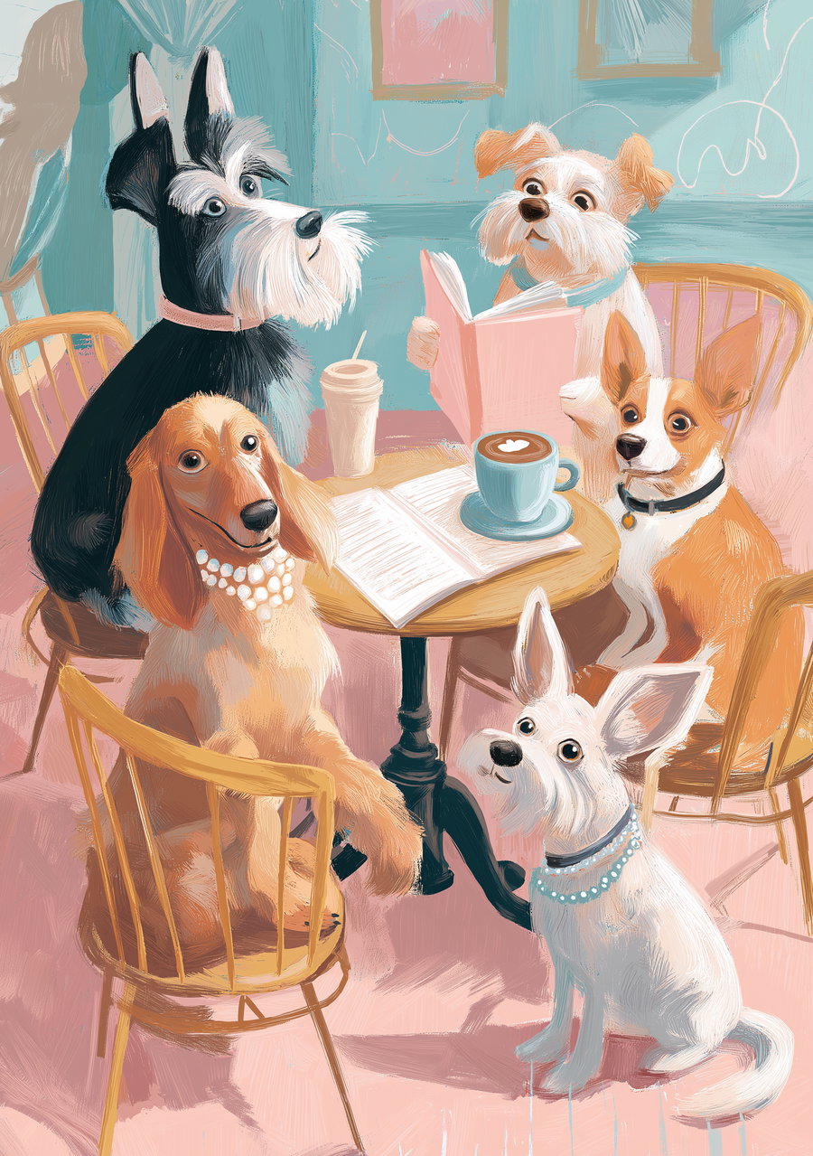 Digital painting of five dogs sitting on wooden chairs around a small round cafe table with open books and coffee cups, set in a cozy indoor environment with soft pastel colors