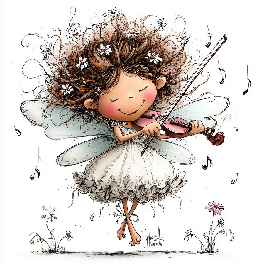 Illustration of a happy fairy girl with curly hair decorated with flowers, wearing a white dress and playing a violin, musical notes floating around her and flowers at her feet