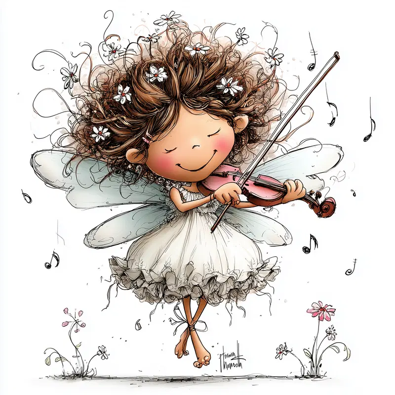Whimsical illustration of a joyful fairy girl playing violin with floral accents