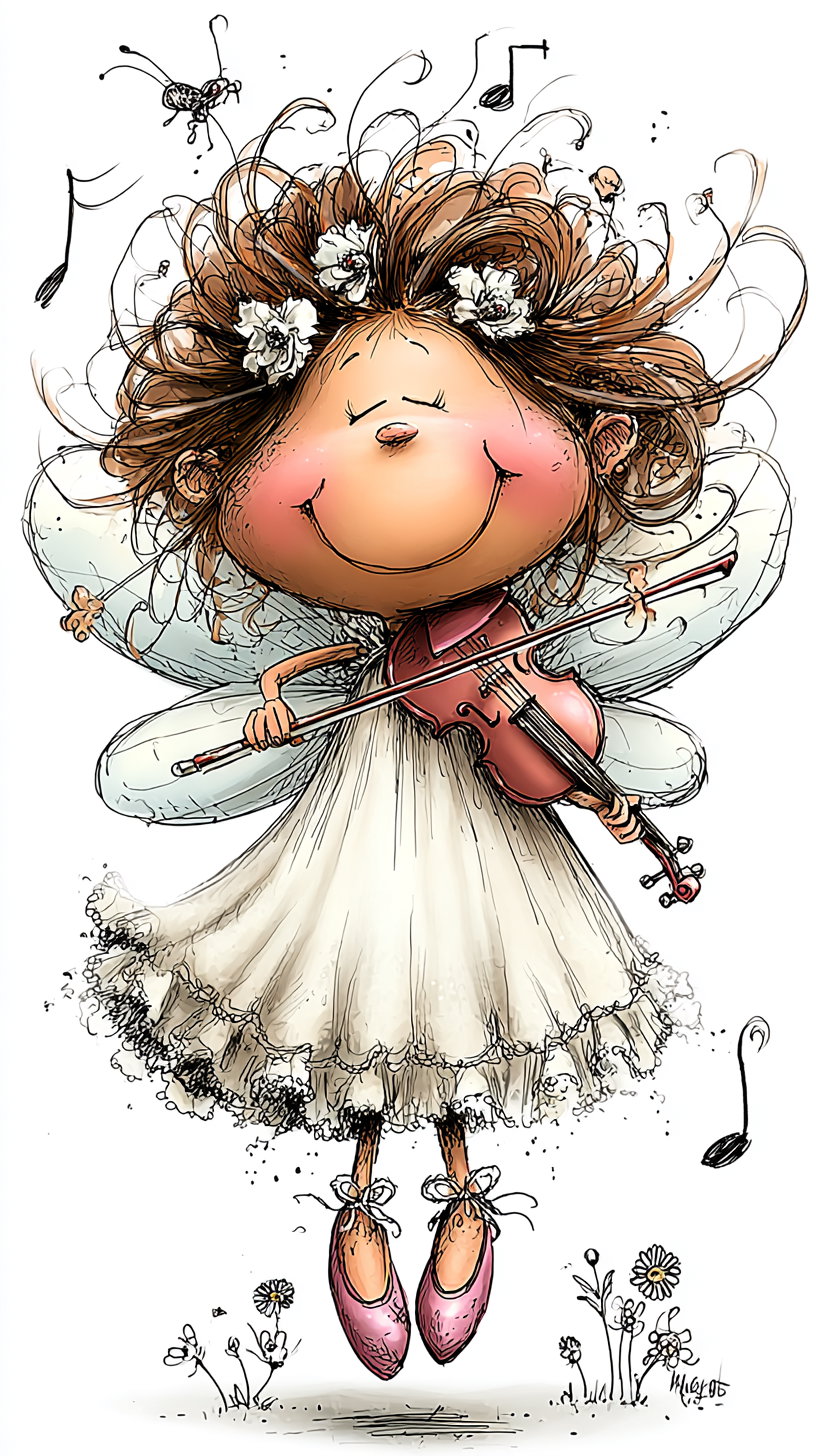 Illustration of a cute fairy with curly hair adorned with flowers, wearing a white dress and pink shoes, joyfully playing a violin while musical notes float around and small flowers grow at her feet