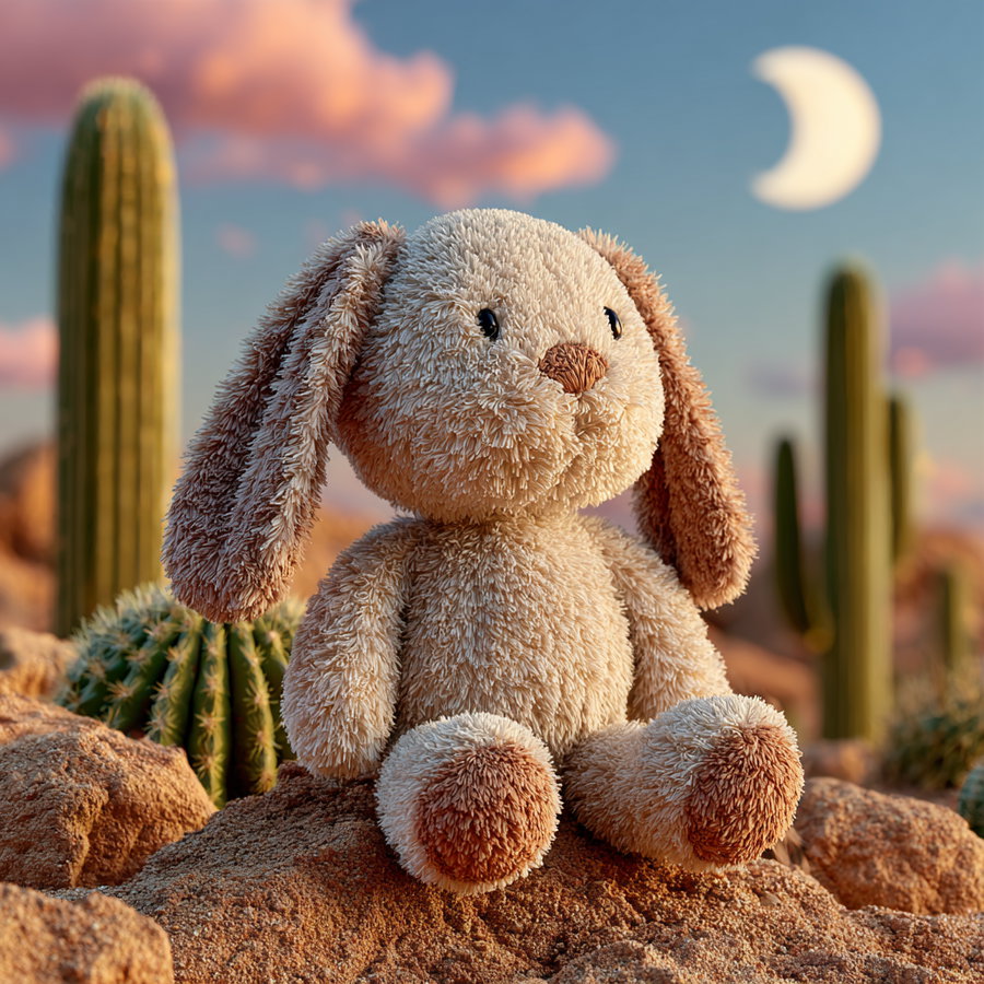A fluffy stuffed bunny toy with beige and brown fur sitting on rocky ground surrounded by various desert cacti under a sky with pink clouds and a crescent moon.