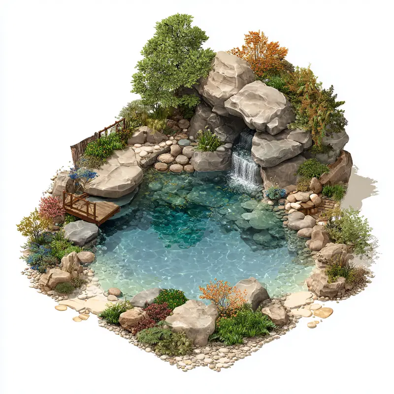 Detailed illustration of a serene natural pond with waterfall and rocks