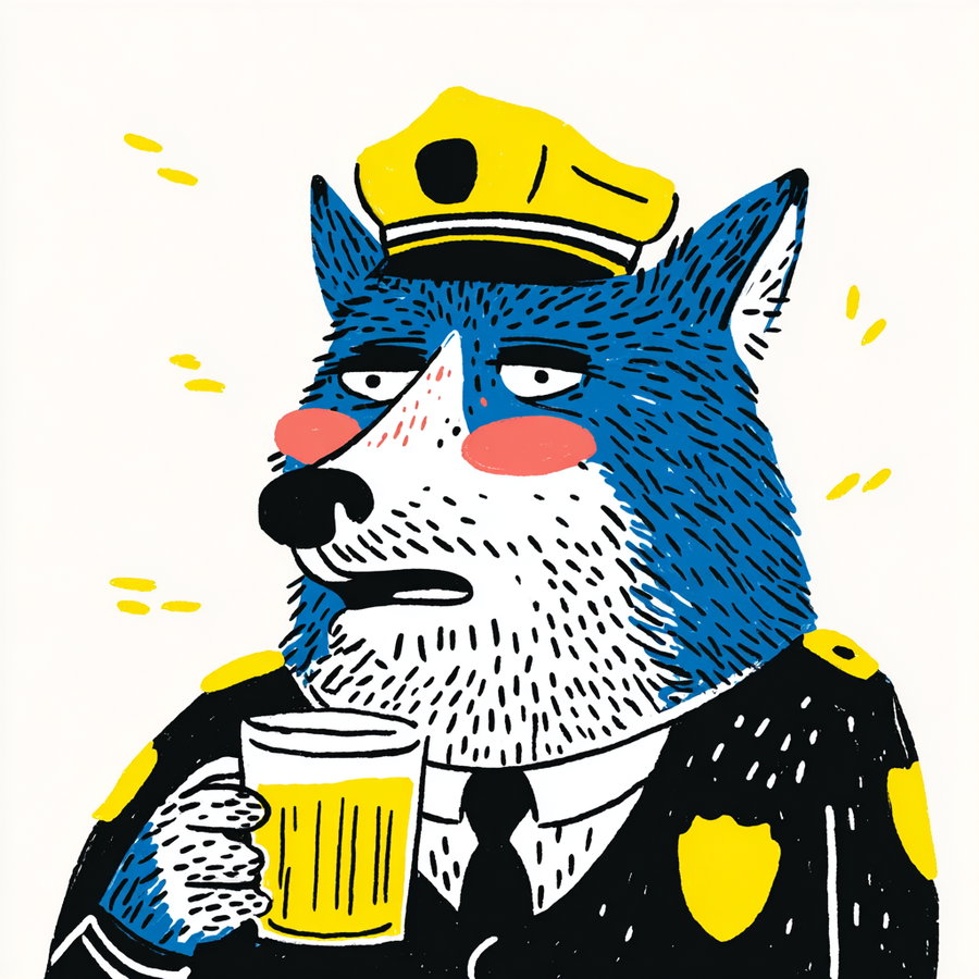 Illustration of a blue wolf with blush on cheeks wearing a police officer uniform and hat, holding a large beer mug with yellow liquid inside, on a white background.