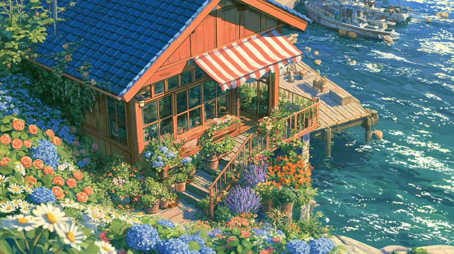 Illustration of a small wooden house with a striped awning surrounded by colorful flowers next to a wooden dock on sparkling blue water.
