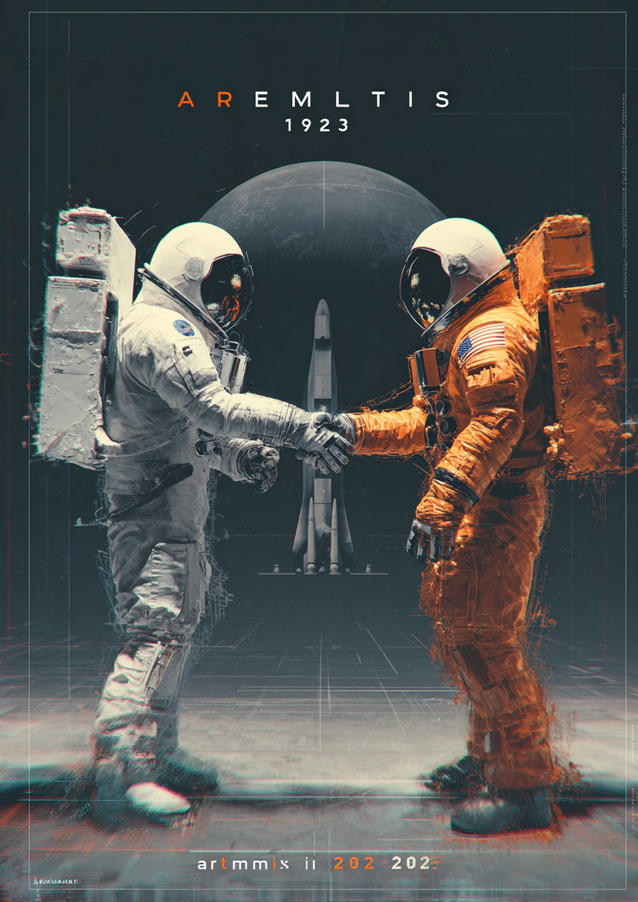 Two astronauts in full space suits shaking hands with a rocket and planet in the background