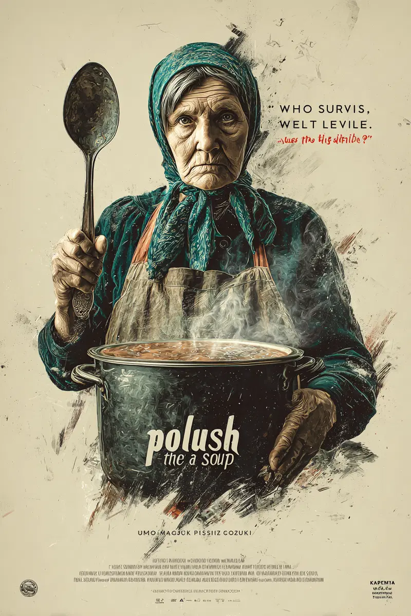 Classic European style artwork featuring elderly woman cooking soup