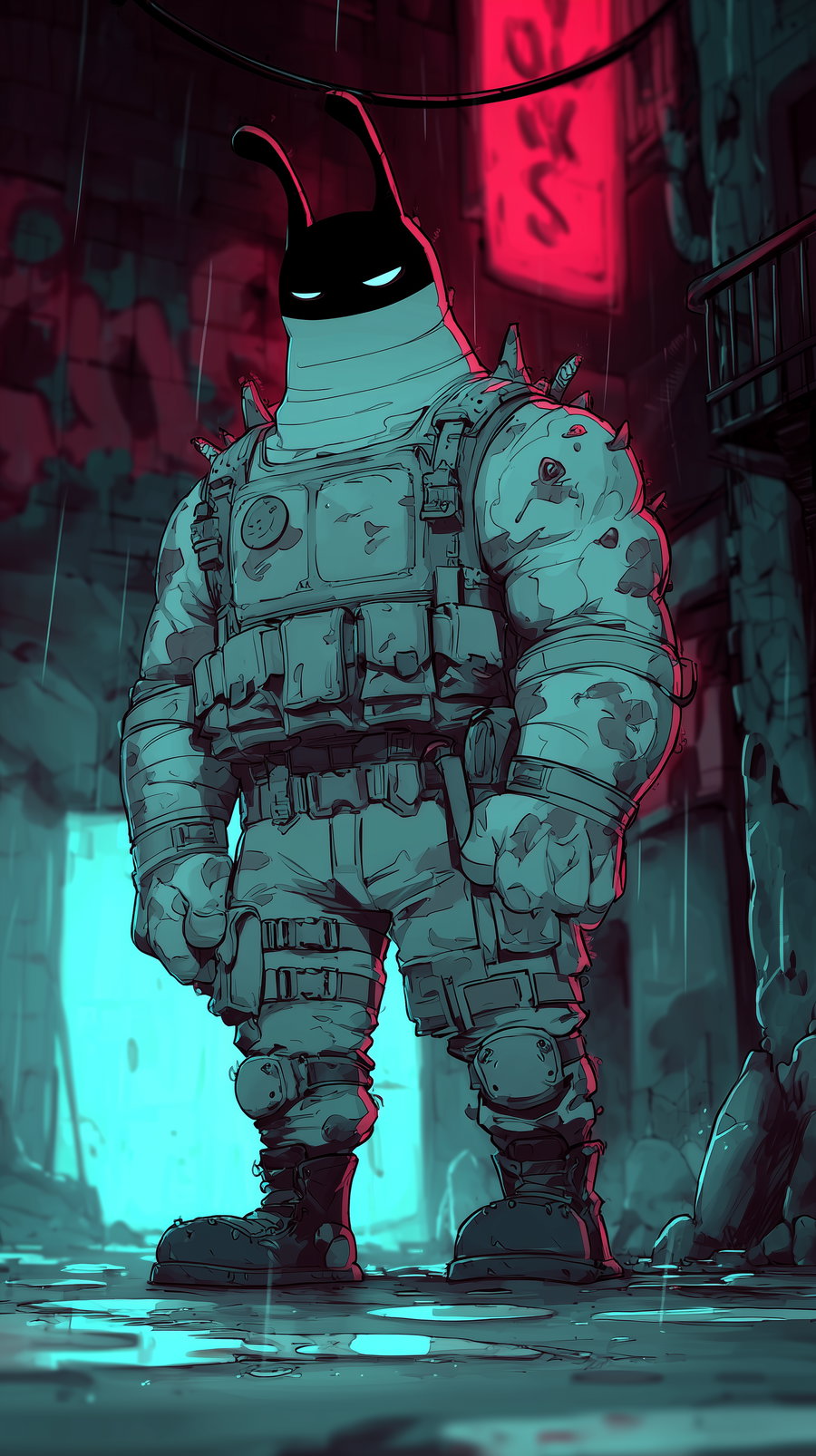 Digital illustration of a large figure with a slug-like black head and glowing eyes wearing heavy tactical armor, standing in a rainy alley with neon blue and pink lighting.