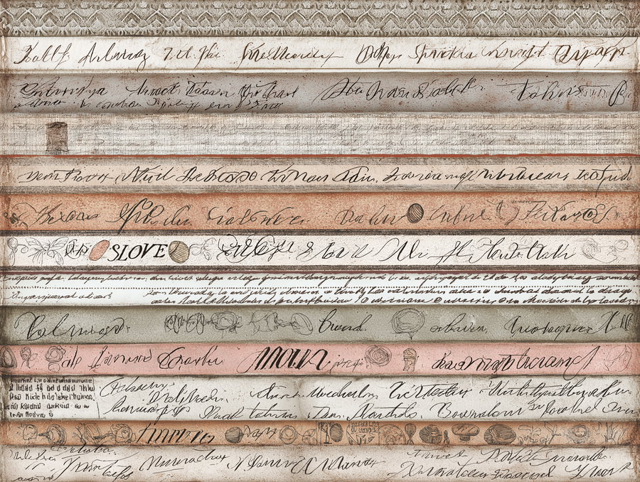 Close-up image of a series of vintage-style prints featuring rows of decorative handwritten cursive text and sketches in muted beige, brown, and gray tones