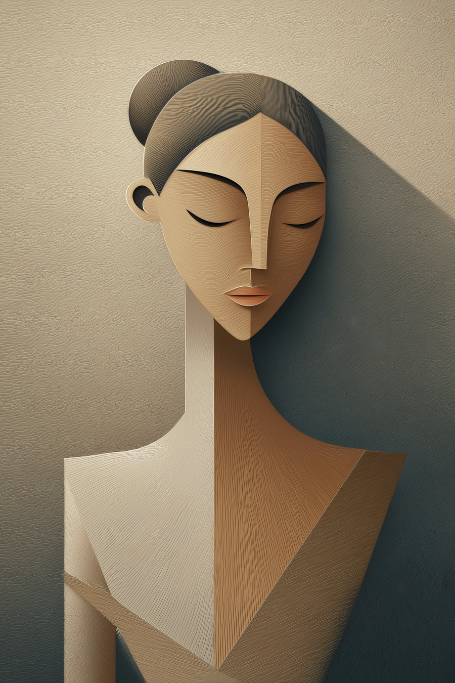 Abstract portrait of a woman with closed eyes, slicked back bun hairstyle, and geometric shapes blending in neutral beige and brown tones with textured background