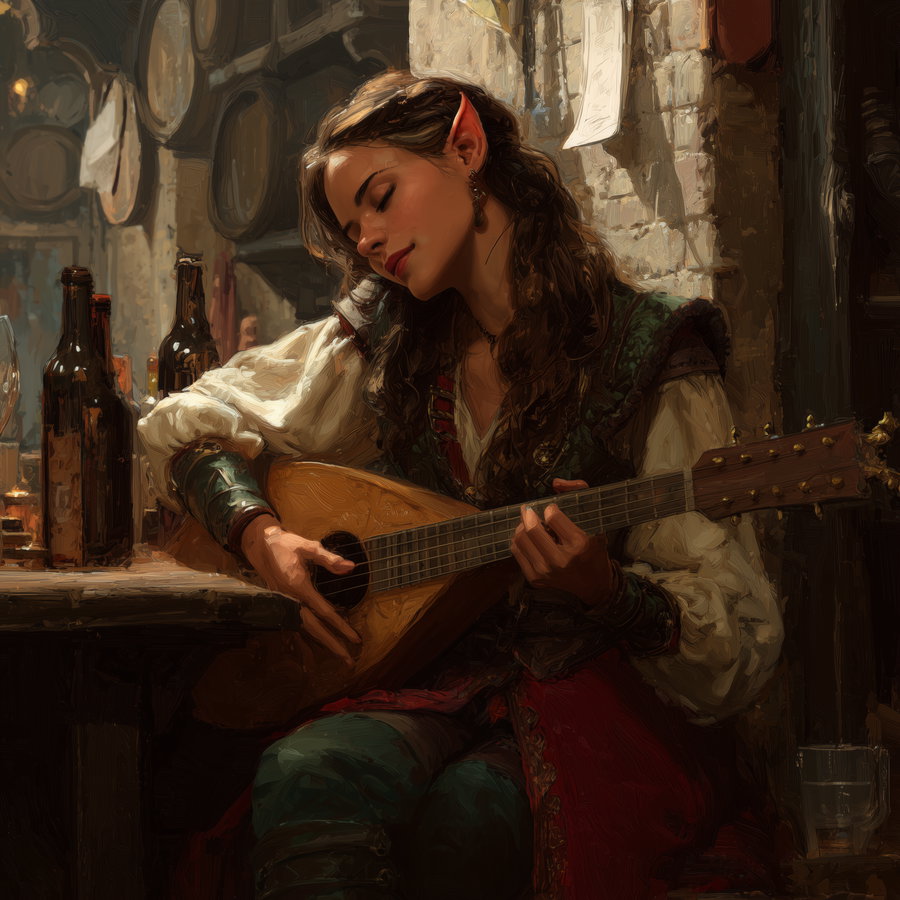 A woman with elf ears playing a lute in a rustic tavern with barrels and bottles around, dressed in vintage European attire with rich textures and warm lighting