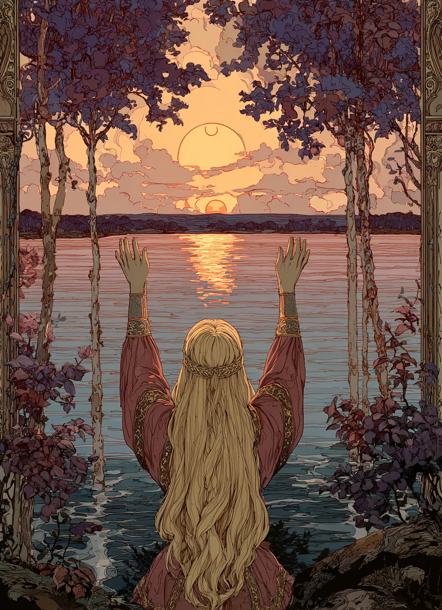 Illustration of a woman with long blonde hair and medieval-style dress raising her hands towards a sunset over a lake framed by trees