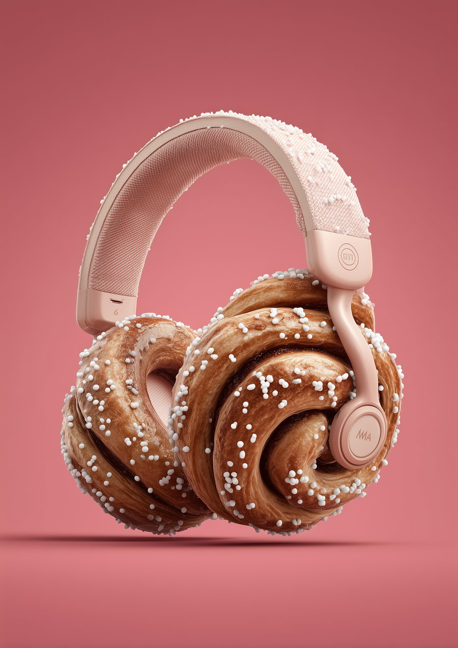 Headphones with ear pads resembling cinnamon rolls sprinkled with white sugar balls against a solid pink background