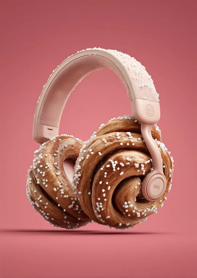 Creative headphones design with cinnamon roll shaped ear pads on pink background