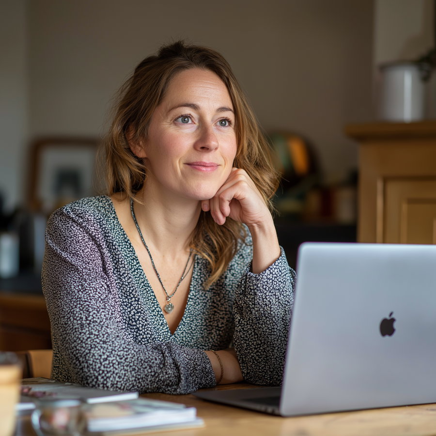 A woman with light brown wavy hair wearing a patterned long-sleeve blouse, resting her chin on her hand, sitting at a wooden table with a silver Apple laptop and blurred background.