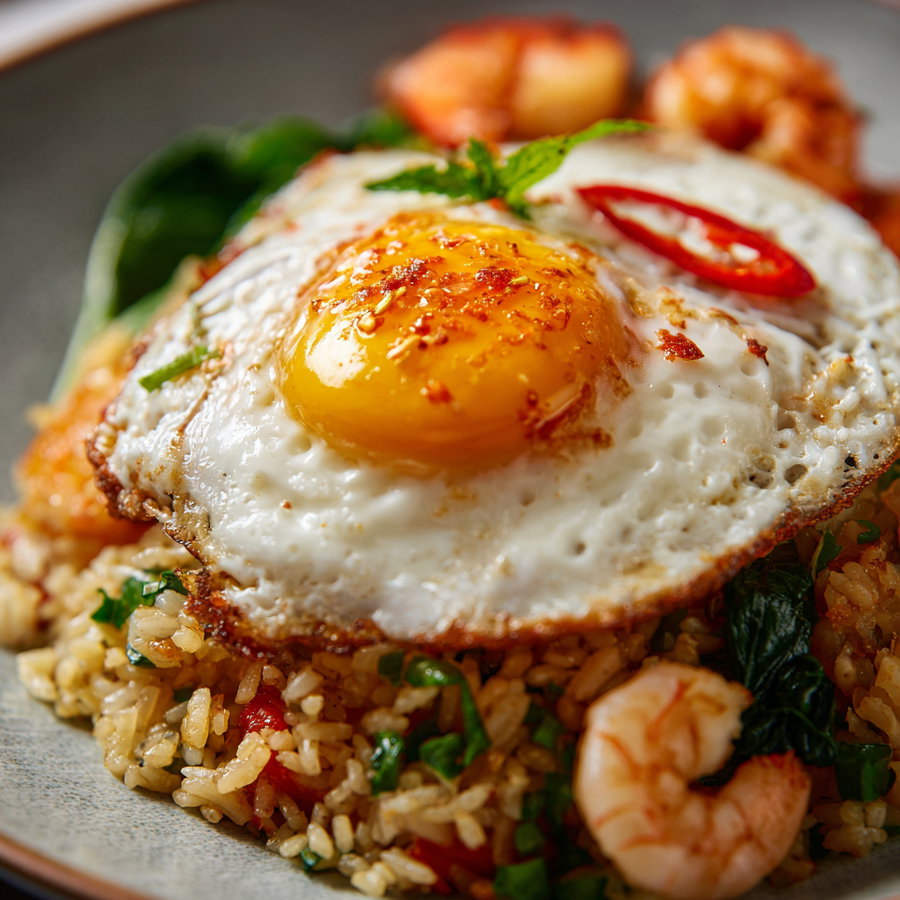A plate featuring a sunny-side-up fried egg on top of shrimp fried rice, garnished with fresh greens and sliced red chili pepper.