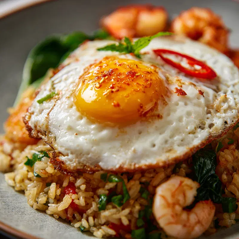 Close-up of a fried egg served over shrimp fried rice with fresh herbs