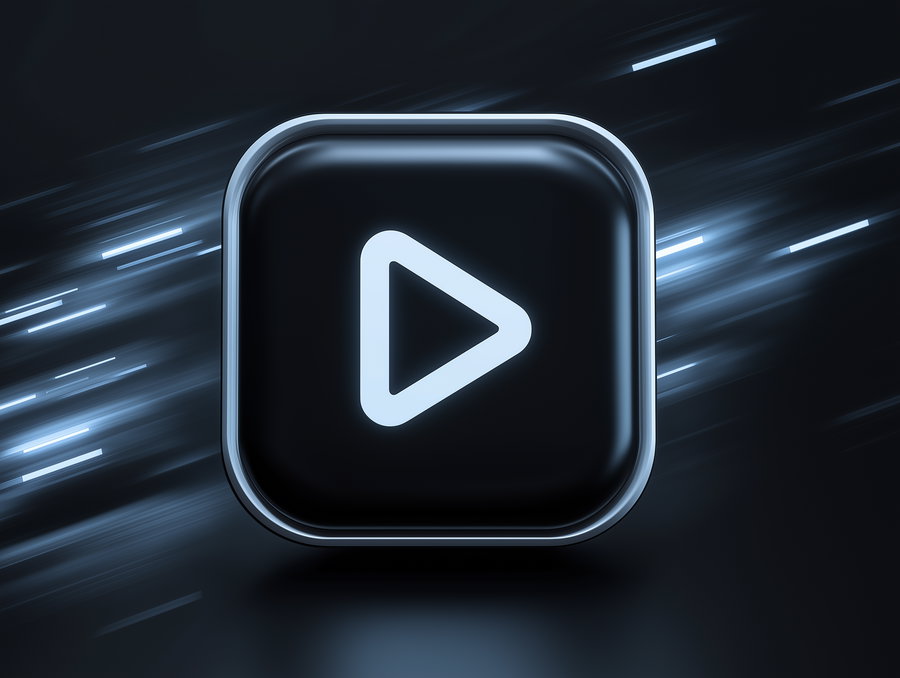 A glowing play button icon in a rounded square frame with light streaks on a dark background
