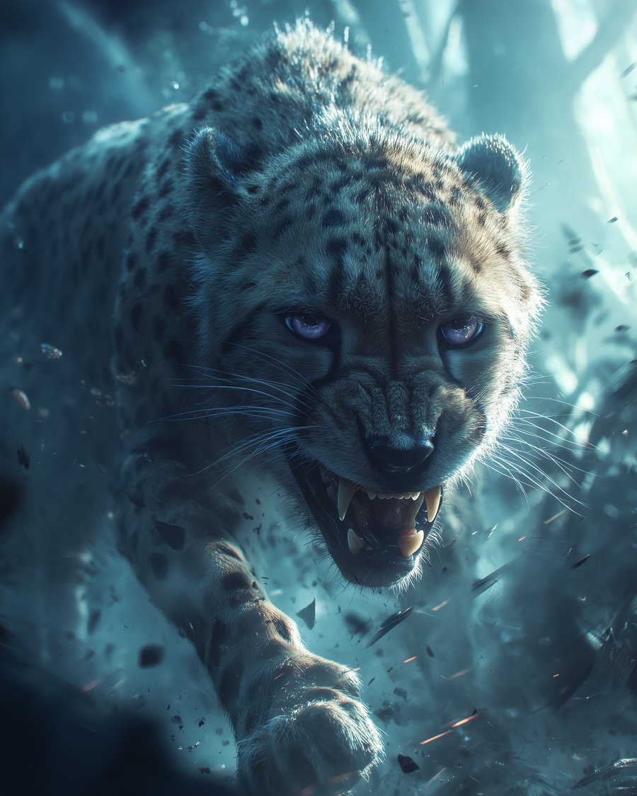 An aggressive leopard snarling with bared teeth and glowing eyes, mid-pounce through a misty, dark forest environment with flying debris.