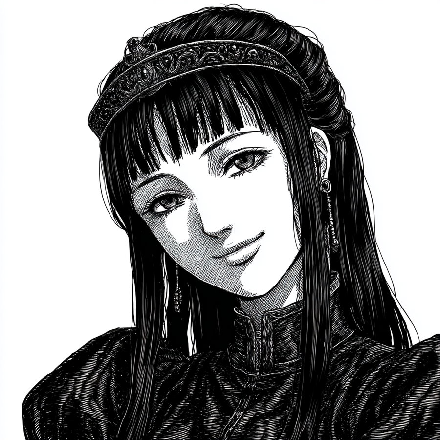 A black and white detailed ink illustration of a woman with long dark hair wearing a crown and earrings, drawn with fine linework and cross-hatching.