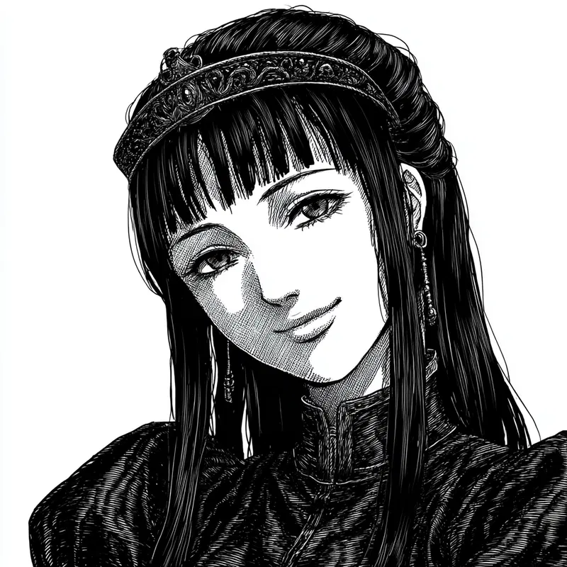 Detailed Black and White Portrait Illustration of a Woman with Crown