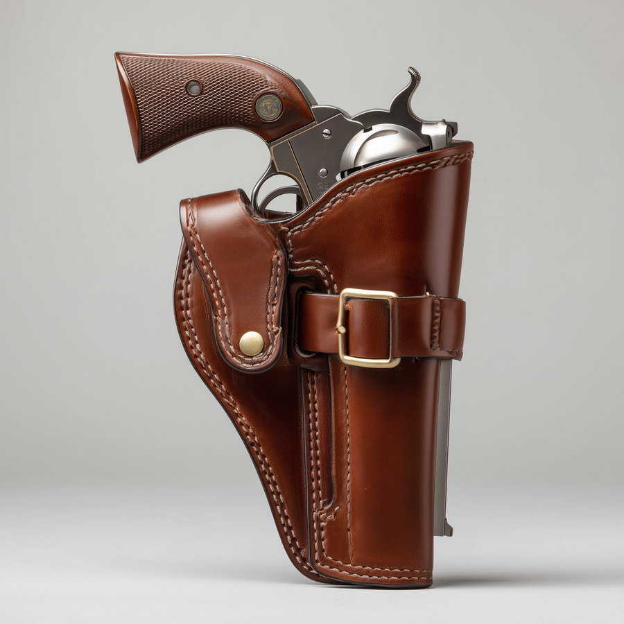 Side view of a classic revolver partially inserted into a well-stitched brown leather holster with a brass buckle