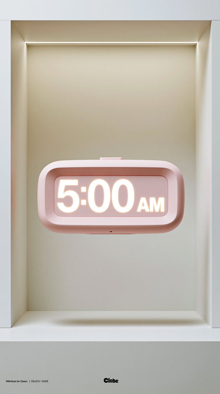 A minimalist pink alarm clock showing the time 5:00 AM, located in a sleek, light-colored display setting.