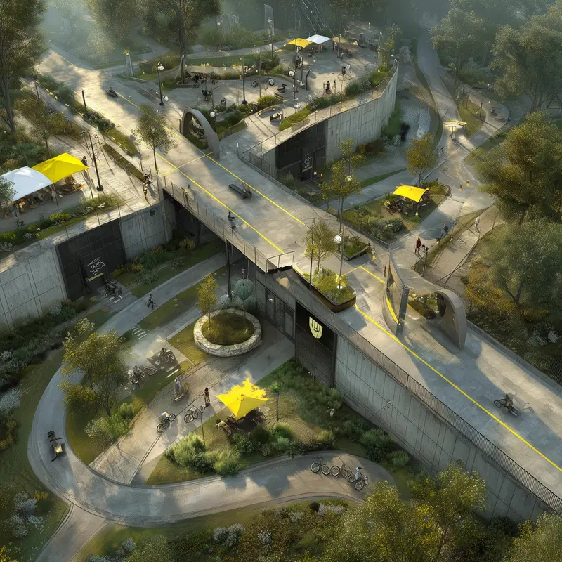 Aerial view of a modern urban park with pathways and greenery