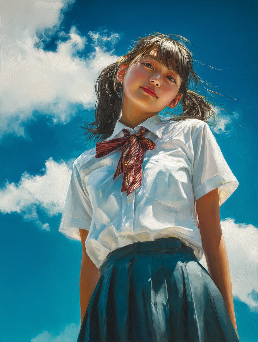 Image of a young woman wearing a white shirt, red tie, and dark skirt standing against a blue sky with white clouds, with a painted texture effect