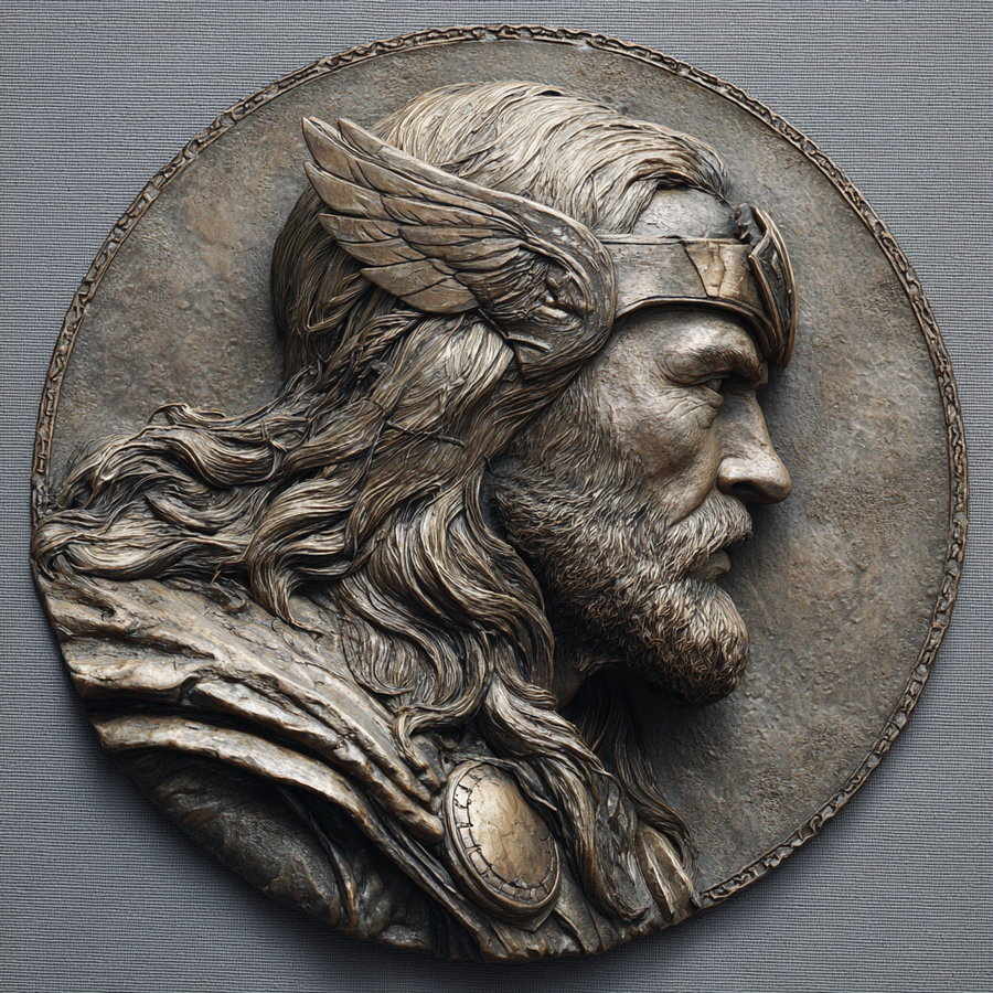 A detailed bronze relief sculpture of a bearded warrior in profile with long hair, a winged helmet, and armor on a textured gray background.