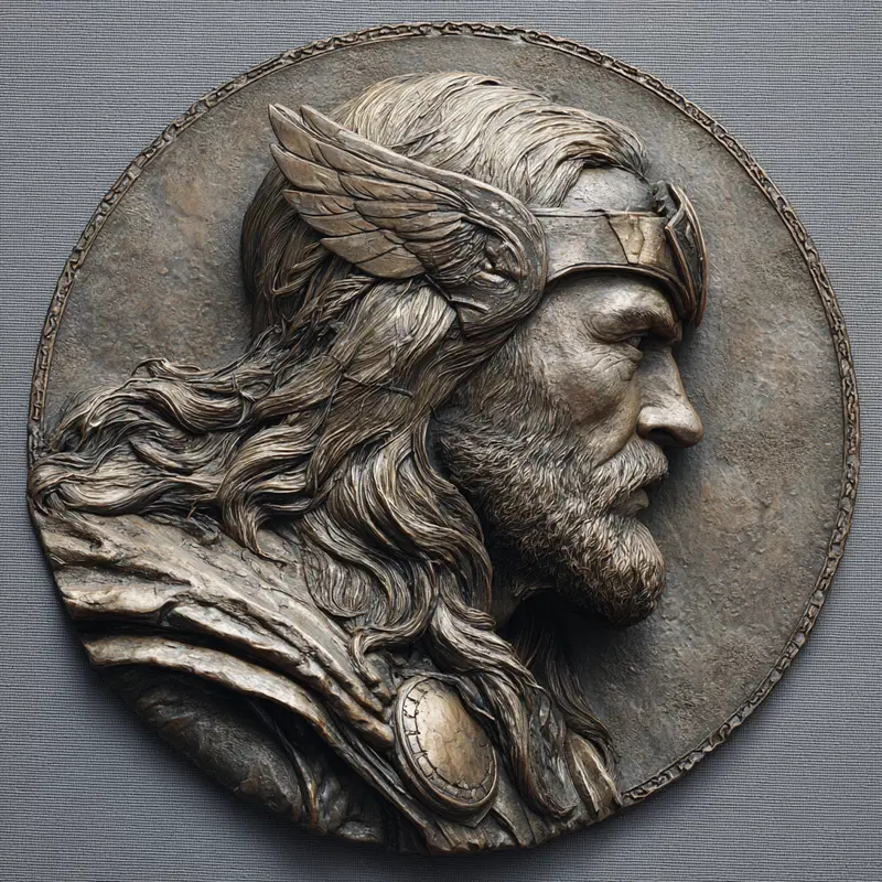 Classic European Decor Featuring a Detailed Bronze Relief Sculpture of a Bearded Warrior
