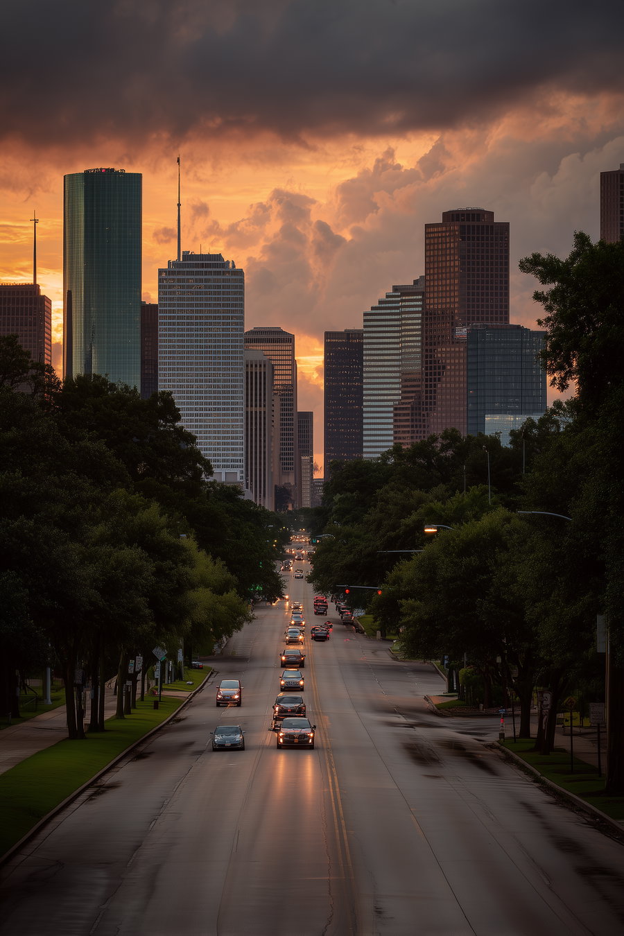 View of a city street lined with cars and tall modern buildings under a dramatic orange and cloudy sky at sunset