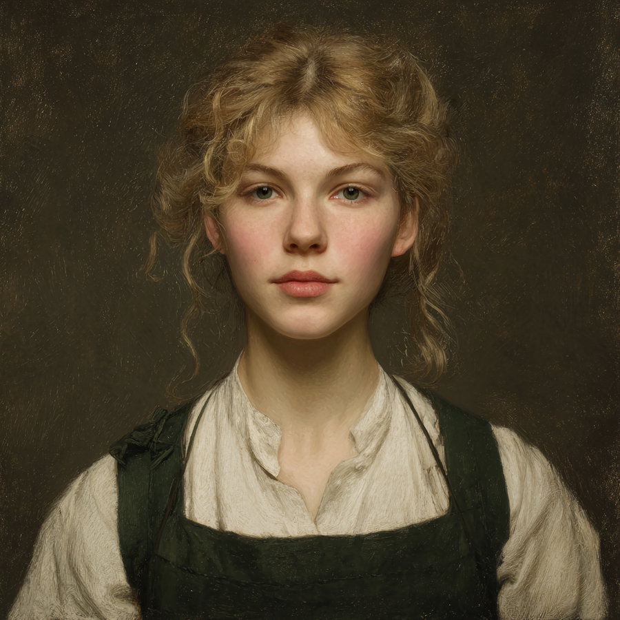 A close-up portrait of a young woman with green eyes and blonde curly hair wearing a white shirt and dark green dress against a dark brown textured background