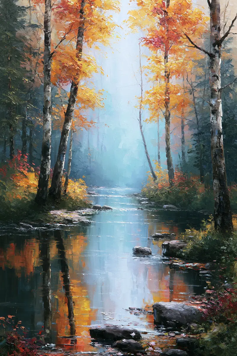Autumn forest landscape with reflective river and birch trees in oil painting
