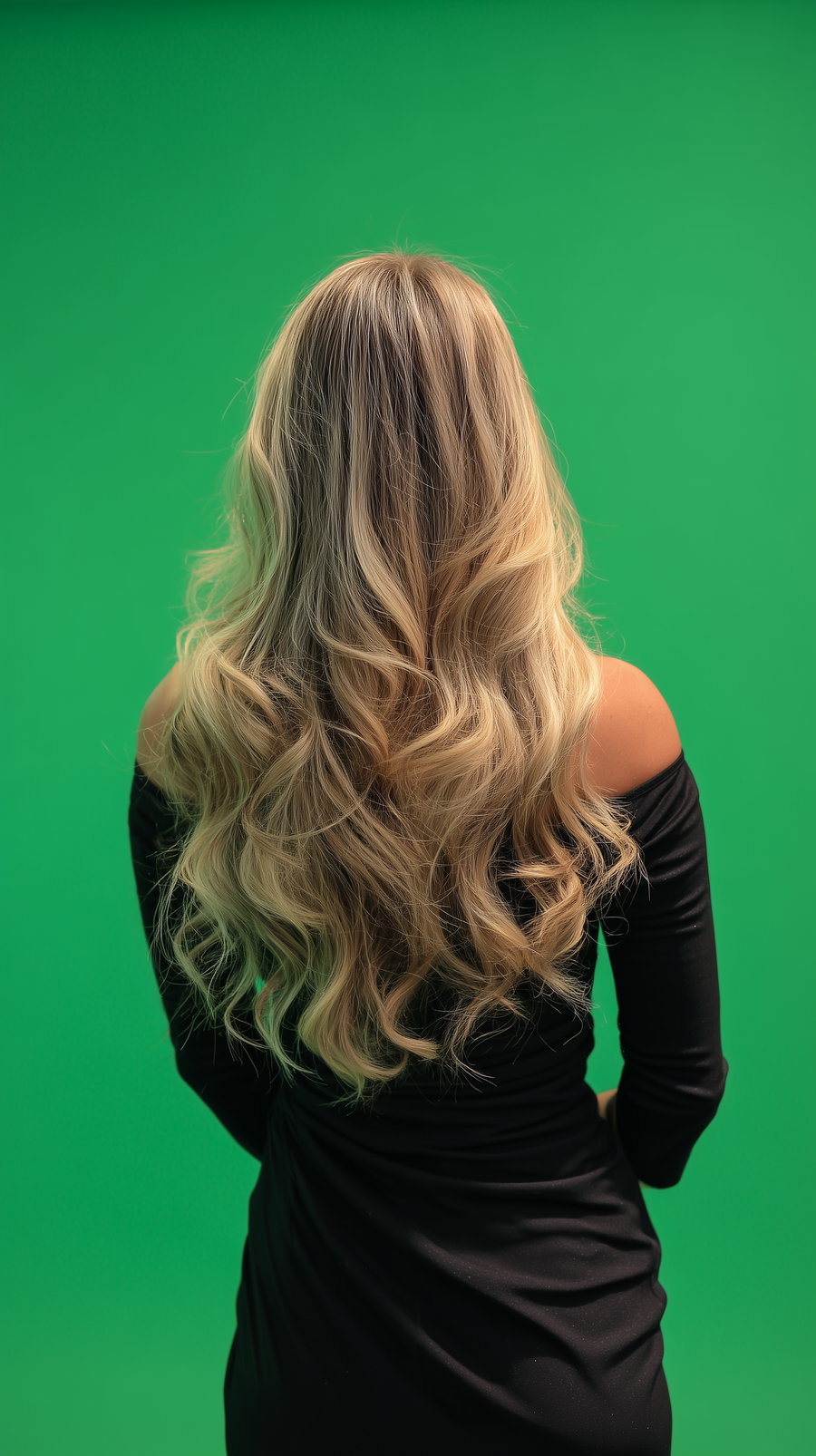 Photo of a woman seen from behind with long wavy blonde hair wearing a black off-the-shoulder dress against a green background