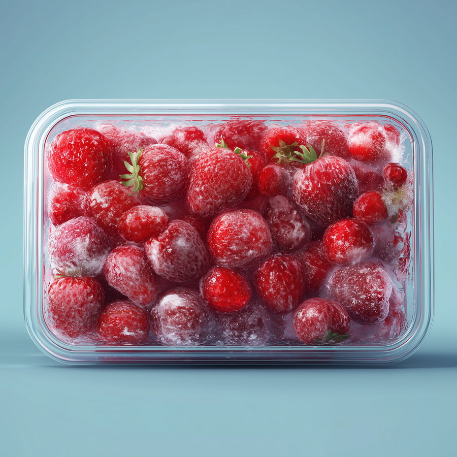 Frozen strawberries tightly packed inside a clear rectangular plastic container against a blue background
