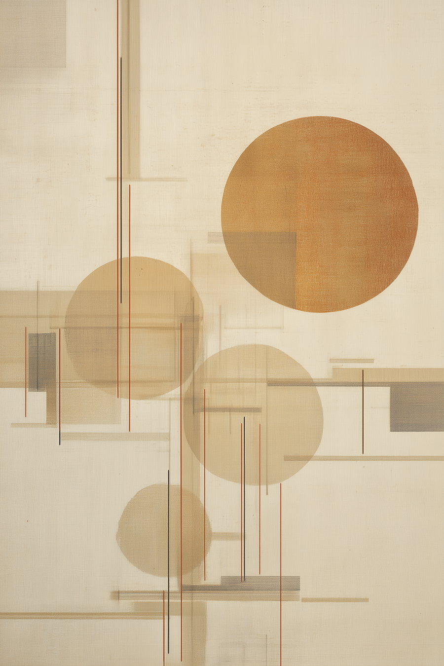 Abstract composition of overlapping warm earth tone circles and thin vertical lines on a beige textured background