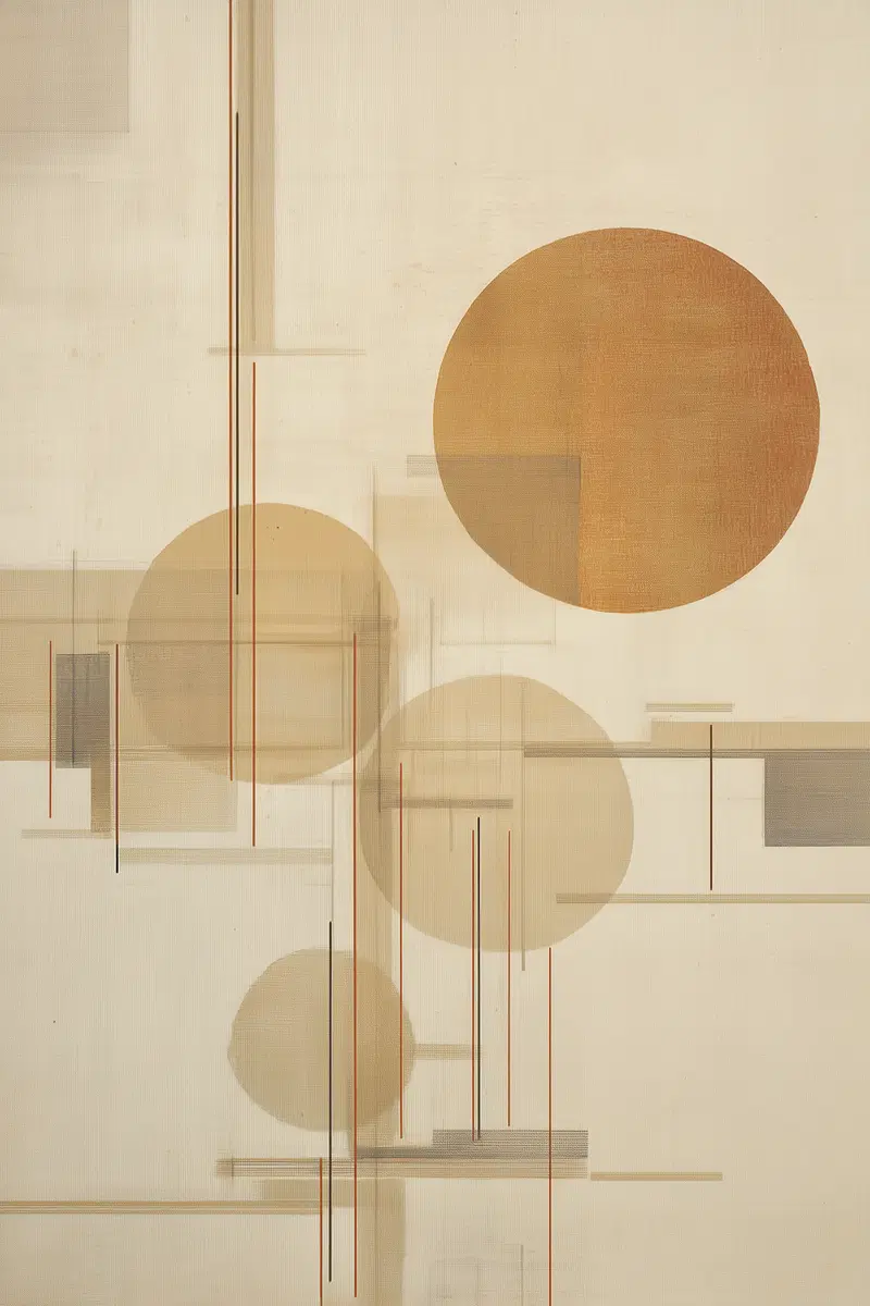 Minimalist abstract art with warm earth tone circles and thin vertical lines on neutral background