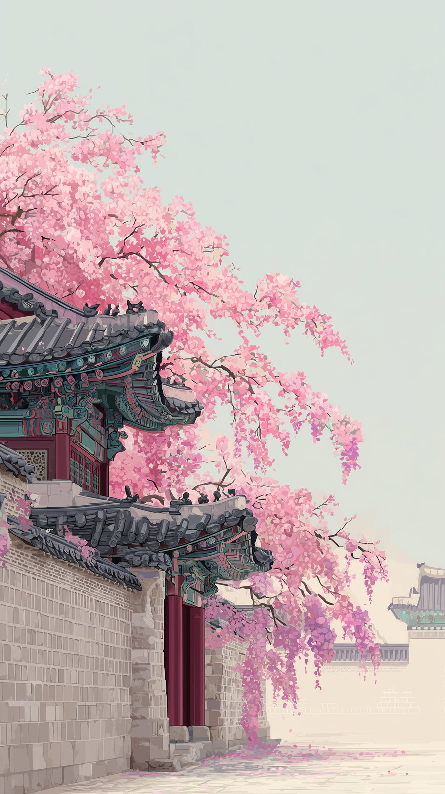 A digital painting showing vibrant pink cherry blossom trees next to traditional Asian temple buildings with tiled roofs and detailed eaves under a pale sky.