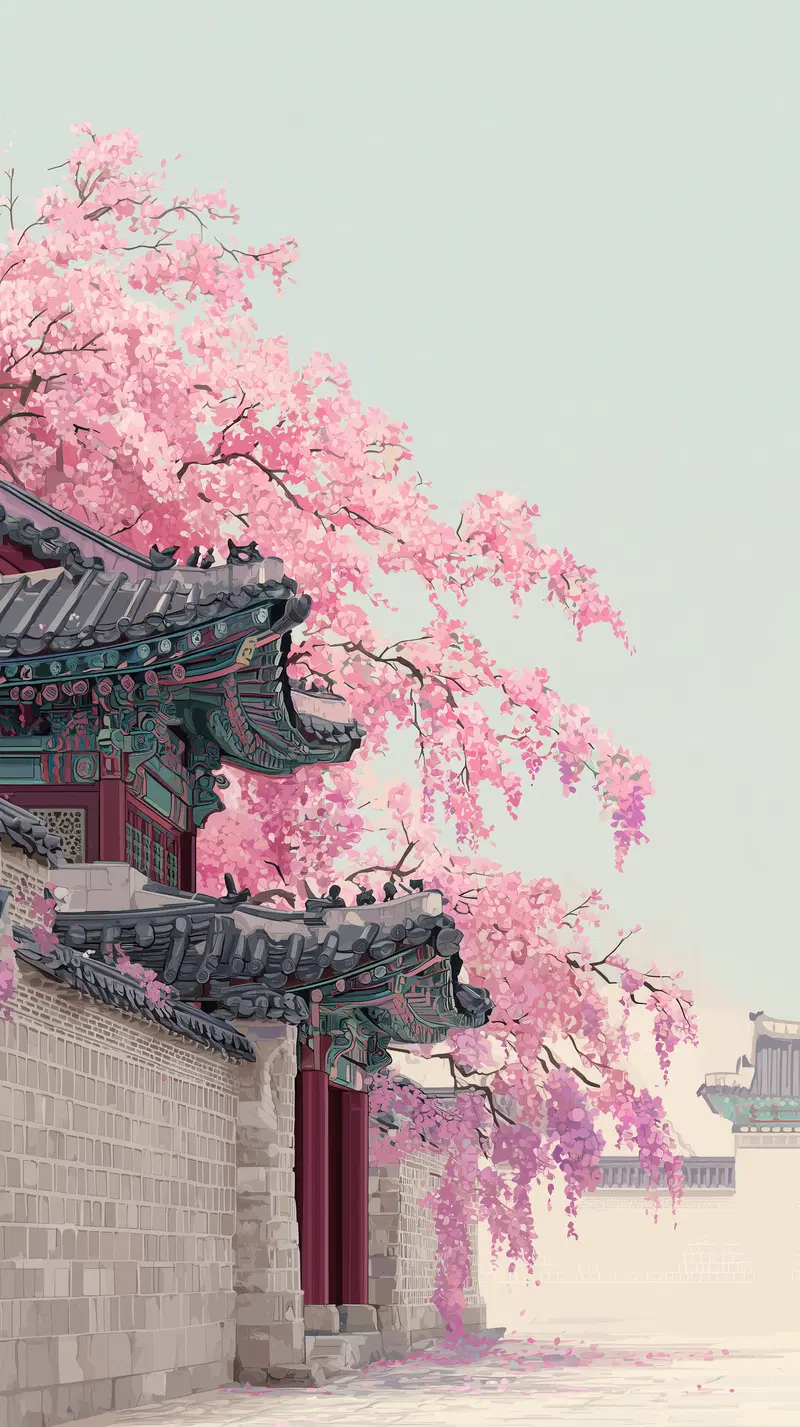 Beautiful delicate cherry blossom trees near traditional Asian architecture