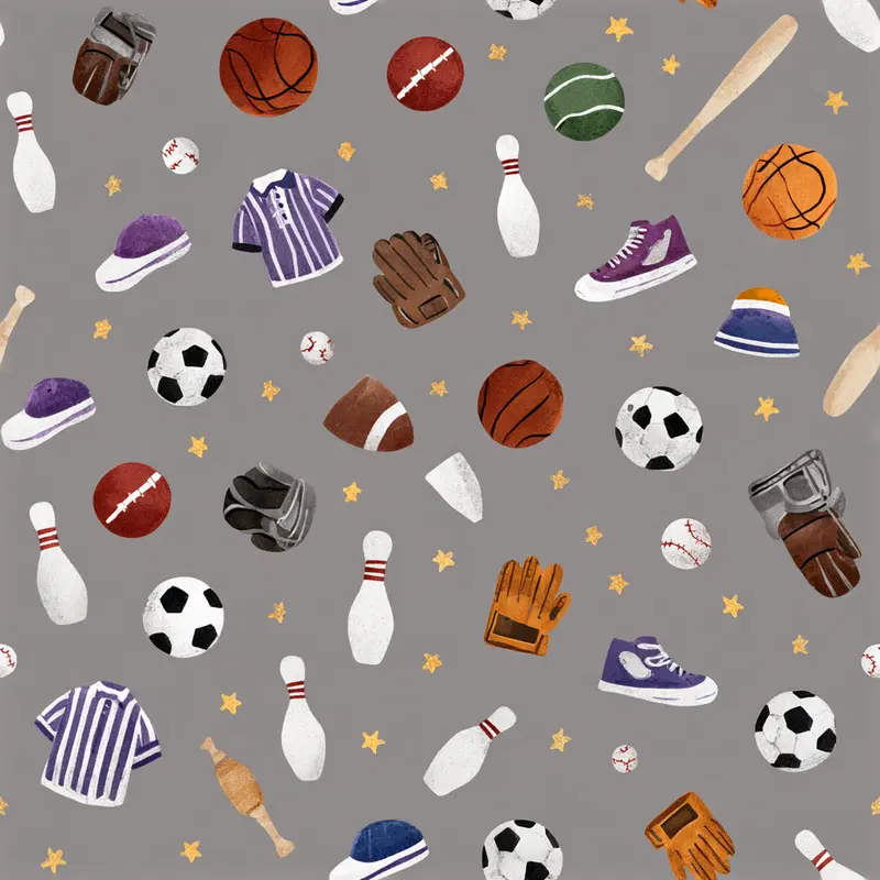 Seamless pattern of various sports equipment on gray background