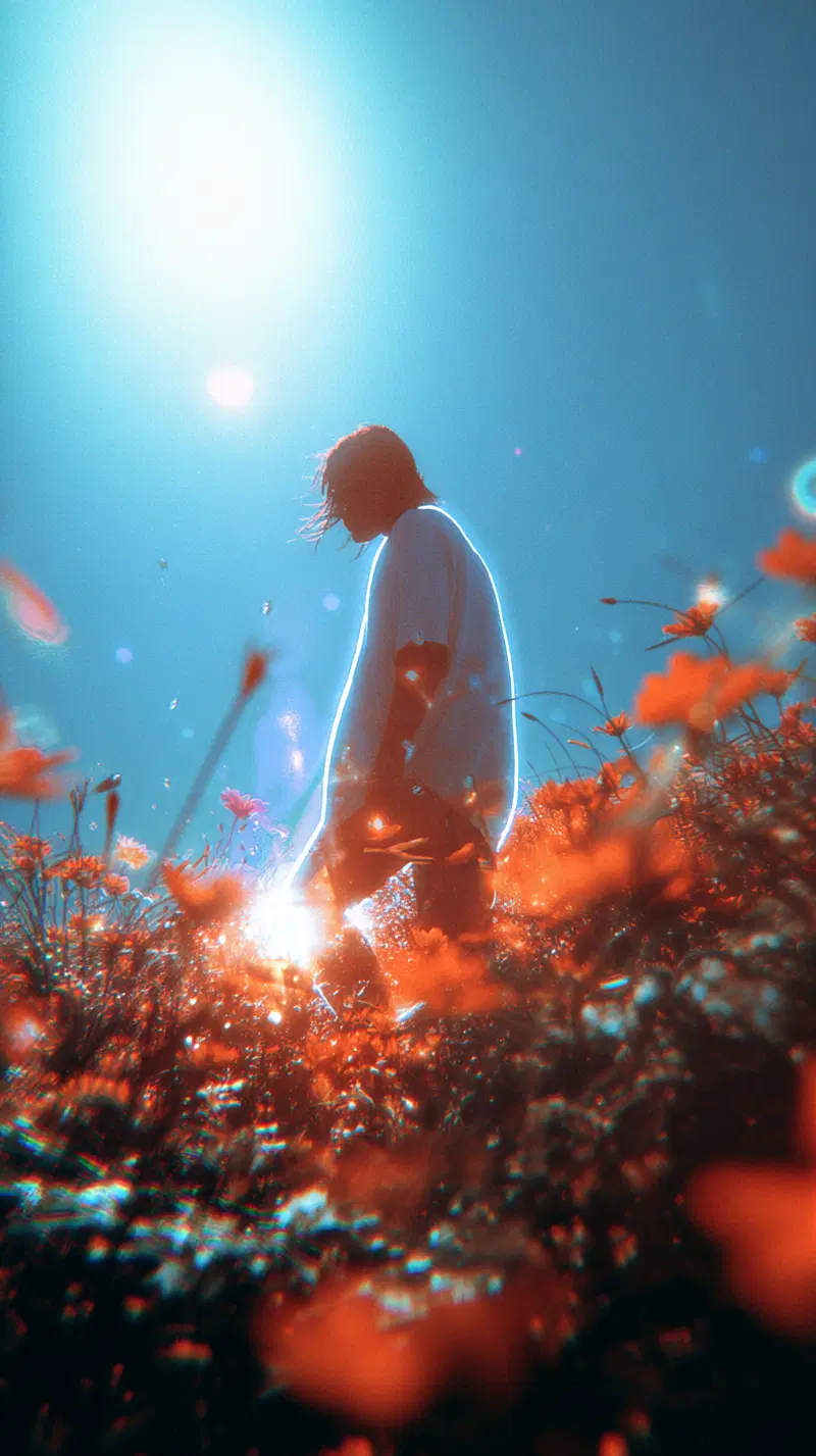 Dreamy silhouette of person walking through vibrant flower field under bright sun