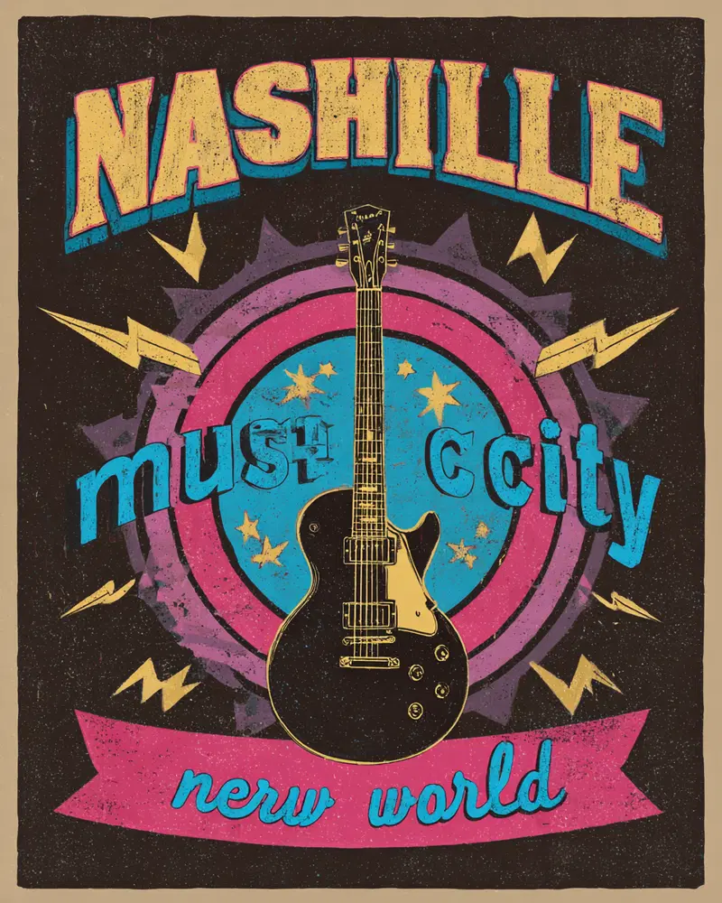 Vintage Style Nashville Must City New World Guitar Art Print