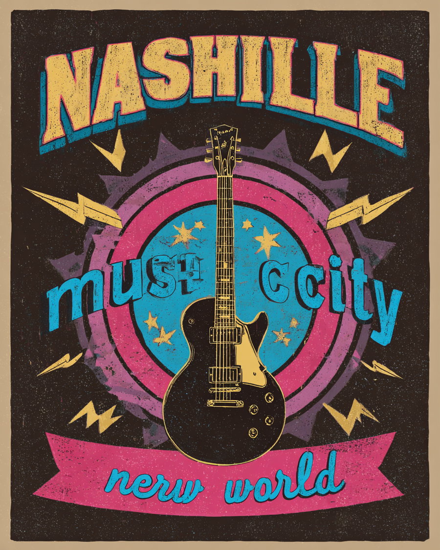 Illustration of a vintage electric guitar centered on a colorful patterned background with stars and lightning bolts, text reading Nashville Must City New World