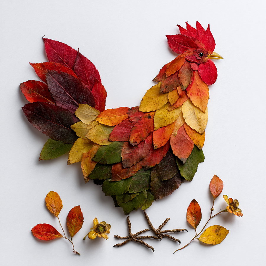 Rooster crafted from a collection of red, yellow, orange, and green leaves with twigs shaped as legs on a white background