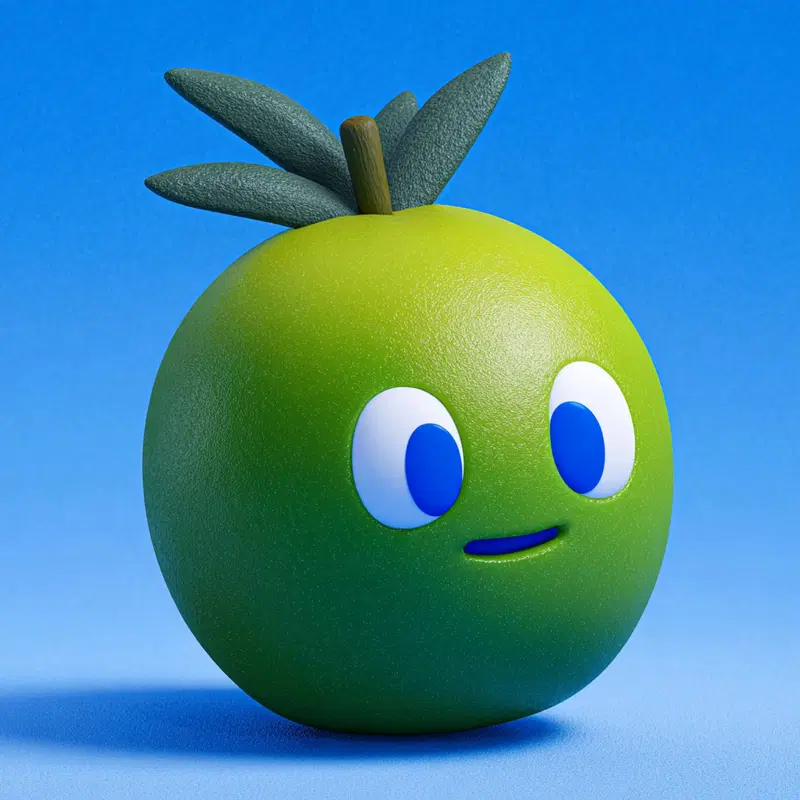 Cute 3D Cartoon Style Green Fruit Character with Leaf Crown