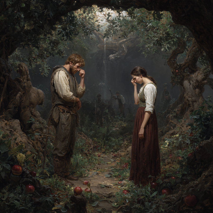 Romantic and detailed painting showing a man and a woman in rustic clothing standing in a mystical forest surrounded by leafy trees and scattered apples on the ground