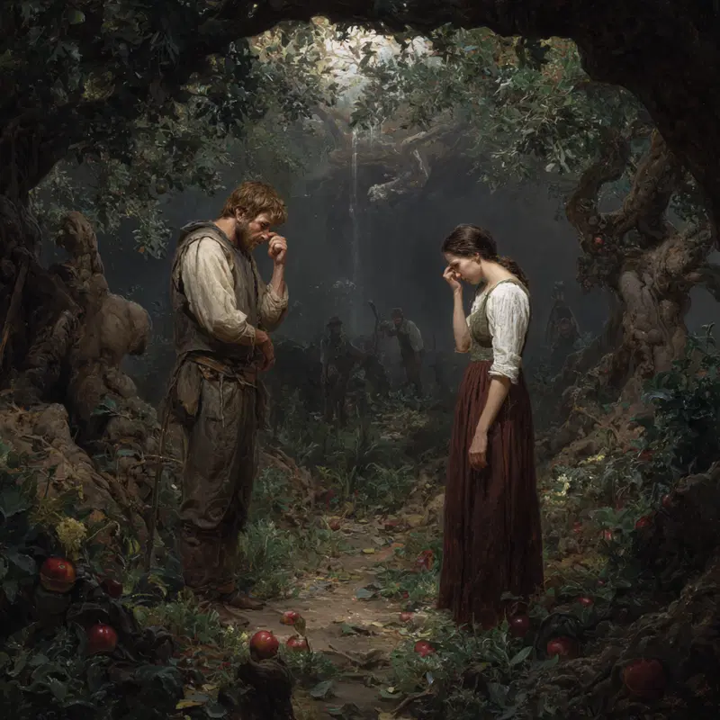 Emotional Classic European Style Painting of Man and Woman in Enchanted Forest