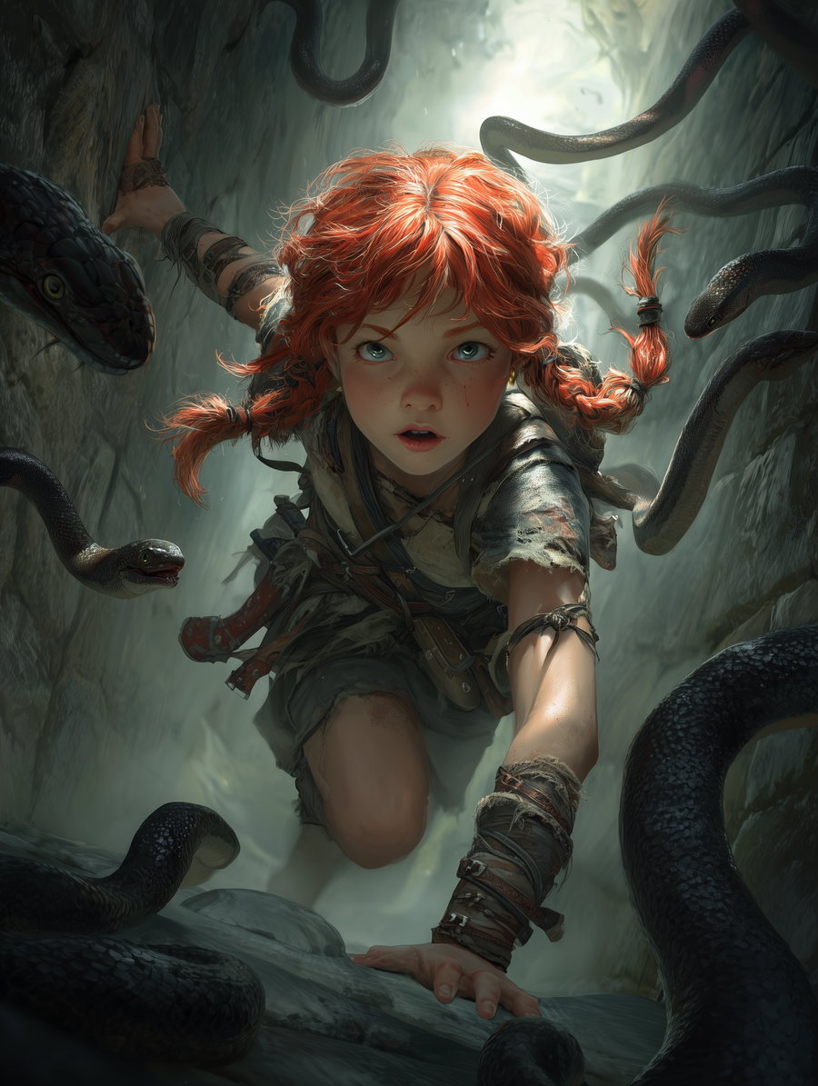 A young girl with red braided hair, wearing rugged clothing and arm wraps, climbs through a narrow rocky cave surrounded by multiple black snakes.